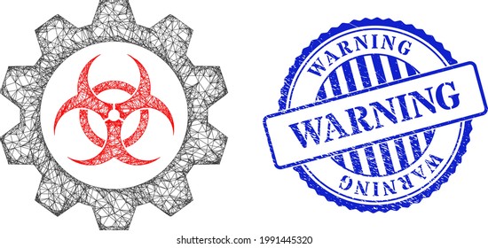 Vectornet toxische Industrie-Modell, und Warning Blue Rosette kratzte Stempel-Robbe. Gekreuzte Bild-Netzgrafik, erstellt aus toxischen Industrie-Symbol, erzeugt aus gekreuzten Linien.