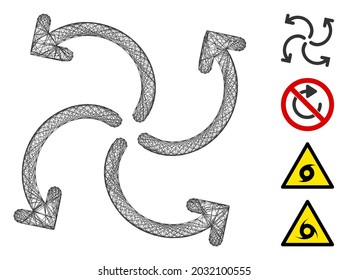 Vector net turbine rotation. Geometric linear carcass 2D net generated with turbine rotation icon, designed with crossing lines. Some bonus icons are added.