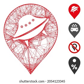 Marcador de posición de OVNI neto vectorial. Red plana de marco con tramas geométricas hecha del icono de marcador de posición de OVNI, diseñada a partir de líneas cruzadas. Se añaden algunos iconos adicionales.