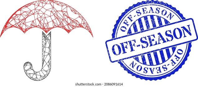 Vector net umbrella frame, and Off-Season blue round corroded stamp. Crossed frame net image designed with umbrella icon, is made with crossing lines.
