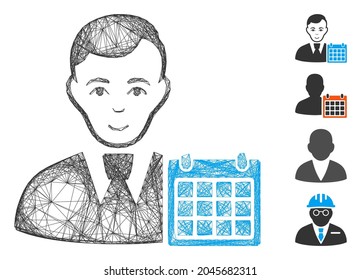 Vector net user calendar. Geometric wire carcass 2D net generated with user calendar icon, designed with crossing lines. Some bonus icons are added.