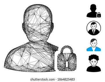 Vector net user lock. Geometric linear carcass 2D net generated with user lock icon, designed with crossing lines. Some bonus icons are added.