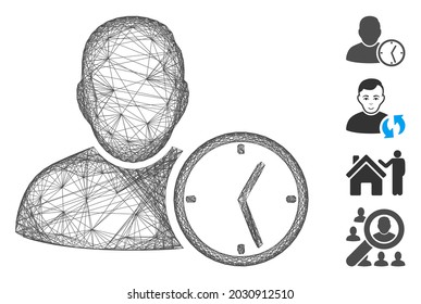 Vector net user temporary clock. Geometric wire carcass 2D net generated with user temporary clock icon, designed with crossing lines. Some bonus icons are added.