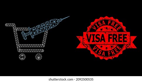 Vector net vaccine shopping image with Visa Free textured stamp seal on a black background. Red seal contains Visa Free text inside ribbon. Mesh structure is based on vaccine shopping icon,