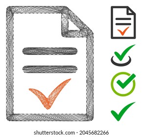 Vector net valid document. Geometric linear frame 2D net made from valid document icon, designed from crossing lines. Some bonus icons are added.