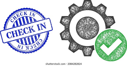 Vector net valid gear frame, and Check In blue rosette unclean stamp seal. Linear carcass net image created from valid gear icon, made from intersected lines.