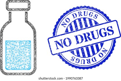 Vector net vial carcass, and No Drugs blue rosette rubber seal print. Wire frame net image designed with vial pictogram, is made with intersected lines.