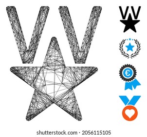 Vector net victory star. Geometric linear frame 2D net generated with victory star icon, designed with intersected lines. Some bonus icons are added.