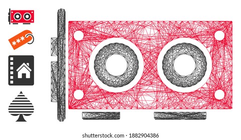 Vector net video graphics card. Geometric hatched carcass 2D net made from video graphics card icon, designed from intersected lines. Some bonus icons are added.