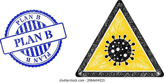 Vector net virus danger frame, and Plan B blue rosette rubber seal imitation. Wire carcass net illustration designed with virus danger icon, generated with crossing lines.