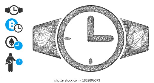 Relojes de red vectores. Red 2D de marco de alambre geométrico generada con icono de relojes, diseñado con líneas interseccionadas. Se añaden algunos iconos adicionales.