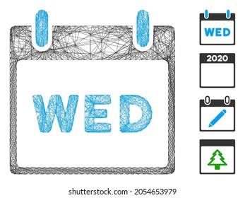 Página de calendario de vectores netos miércoles. Red 2D de canal con eclosión geométrica hecha del icono de la página del calendario del miércoles, diseñada a partir de líneas de cruce. Se añaden algunos iconos adicionales.