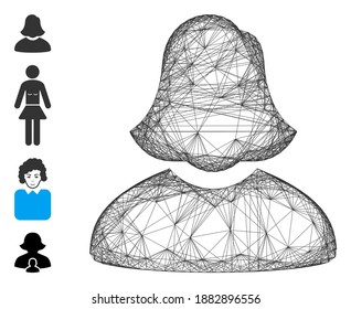 Mujer de red de vectores. Red plana de marco lineal geométrica generada con icono de mujer, diseñada con líneas cruzadas. Se añaden algunos iconos adicionales.