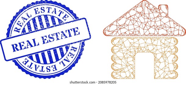 Vector net wooden house frame, and Real Estate blue round dirty seal imitation. Crossed frame net image designed with wooden house pictogram, created with crossed lines.