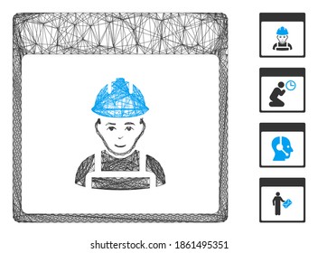 Vector net worker calendar page. Geometric hatched frame flat net generated with worker calendar page icon, designed with intersected lines. Some bonus icons are added.