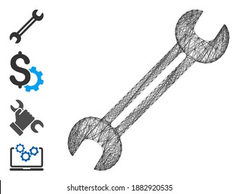 Vector net wrench. Geometric hatched carcass flat net made from wrench icon, designed from intersected lines. Some bonus icons are added.