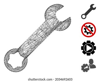 Vector net wrench. Geometric linear carcass flat net generated with wrench icon, designed with intersected lines. Some bonus icons are added.