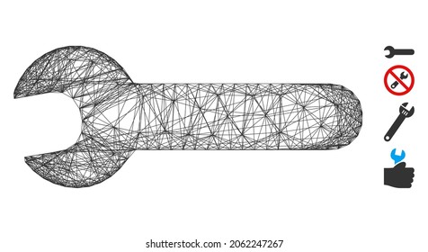Vector net wrench. Geometric linear carcass 2D net made from wrench icon, designed from intersected lines. Some bonus icons are added.