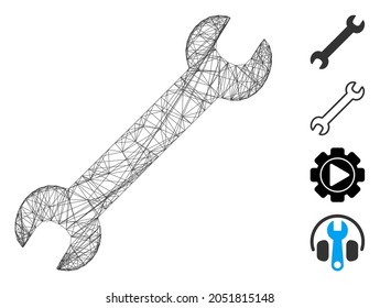 Vector net wrench. Geometric wire carcass 2D net generated with wrench icon, designed with crossing lines. Some additional icons are added.