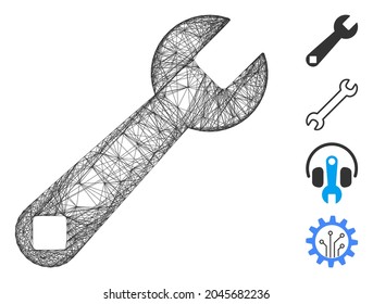 Vector net wrench tool. Geometric linear carcass flat net generated with wrench tool icon, designed with crossing lines. Some bonus icons are added.