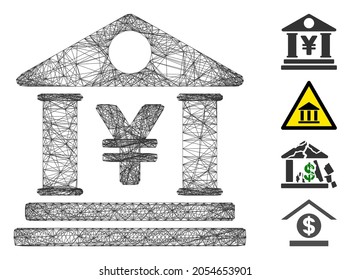 Vector net yen bank building. Geometric linear carcass 2D net made from yen bank building icon, designed from crossing lines. Some bonus icons are added.