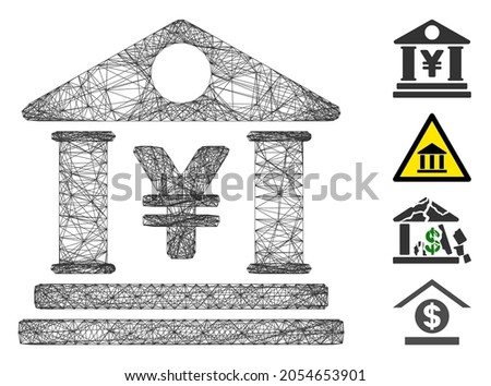 Vector net yen bank building. Geometric linear carcass 2D net made from yen bank building icon, designed from crossing lines. Some bonus icons are added.