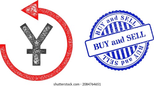 Vector net yen chargeback frame, and Buy and Sell blue rosette dirty stamp seal. Crossed frame network symbol designed with yen chargeback icon, generated with crossed lines.