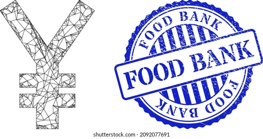Mazo de cables del símbolo del yen neto vectorial y impresión del sello redondo azul del Banco de Alimentos. Ilustración neta de canales cruzados basada en un icono de símbolo de yenes, hecha de líneas cruzadas.