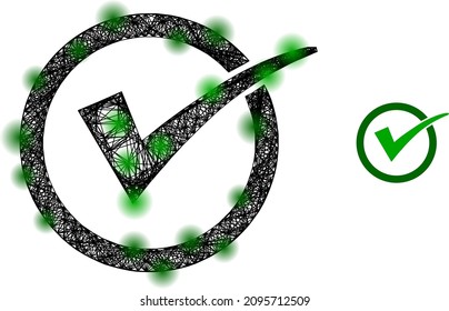 Vektornetz-Ja-Häkchen-Symbol mit Flecken. Geometrisches lineares Schlachtkörpernetz 2D, basierend auf dem Symbol "ja tick", erzeugt mit Kreuzlinien, mit abgerundeten Flecken.