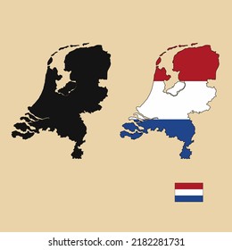 Vector of Netherlands country outline map with flag set isolated on plain background. Silhouette of country map can be used for template, report, and infographic.