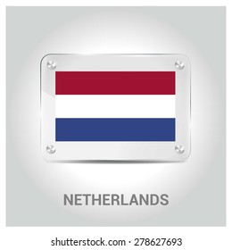 Vector Netherlands Flag glass plate with metal holders - Country name label in bottom - Gray background vector illustration