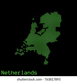 Vector Netherlands map dotted silhouette with green dots on a black background (as on old ancient computers running DOS)