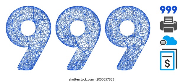Vector network 999 digits text. Geometric wire carcass 2D network made from 999 digits text icon, designed from crossed lines. Some additional icons are added.