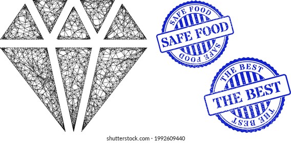 Vektor-Netzwerk adamant Kristall Carcass, und Safe Food Blue Rosette Gummi Badge. Das Symbol für das Netzwerk mit überkreuztem Rahmen, das mit einem adamanten Kristallsymbol entworfen wurde, wird mit gekreuzten Linien erstellt.
