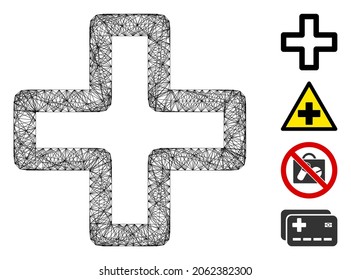 Vector network add. Geometric hatched carcass 2D network generated with add icon, designed with intersected lines. Some bonus icons are added.
