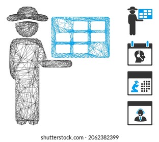 Vector network agent schedule. Geometric linear frame flat network generated with agent schedule icon, designed with crossing lines. Some bonus icons are added.