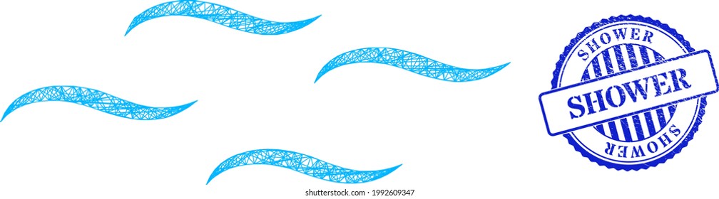 Vector network air wireframe, and Shower blue rosette textured seal print. Crossed frame net illustration created from air pictogram, created from crossed lines.