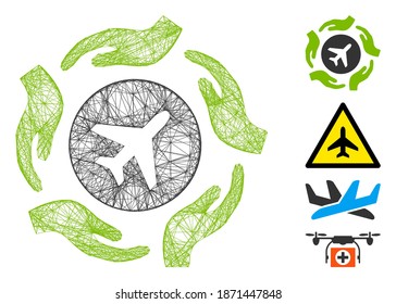 Manos de cuidado de aviones de red de vectores. Red 2D de marco geométrico de alambre de alambre hecha de un icono de manos de cuidado de aeronaves, diseñado a partir de líneas de cruce. Se añaden algunos iconos adicionales.