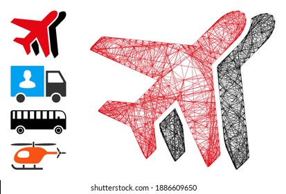 Vector network airplanes. Geometric wire carcass flat network generated with airplanes icon, designed with intersected lines. Some bonus icons are added.