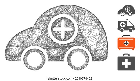 Vehículo de ambulancia de red de vectores. Red plana de canal lineal geométrica generada con icono de vehículo de ambulancia, diseñada con líneas cruzadas. Se añaden algunos iconos adicionales.