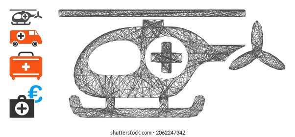 Vector network ambulance helicopter. Geometric wire frame flat network made from ambulance helicopter icon, designed from crossing lines. Some bonus icons are added.