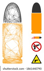 Vector network ammo bullet. Geometric hatched carcass 2D net made from ammo bullet icon, designed from crossed lines. Some bonus icons are added.