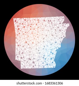 Vector network Arkansas map. Map of the US state with low poly background. Rounded Arkansas illustration in technology, internet, network, telecommunication concept style.