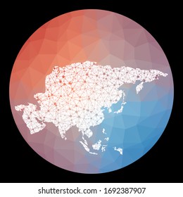 Vector network Asia map. Map of the continent with low poly background. Rounded Asia illustration in technology, internet, network, telecommunication concept style. Appealing vector illustration.