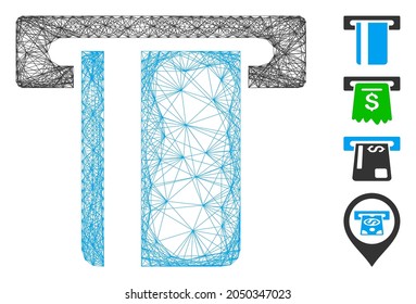 Vector network ATM terminal. Geometric hatched carcass 2D network made from ATM terminal icon, designed from intersected lines. Some bonus icons are added.