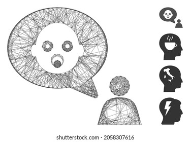 Vector network baby thinking person. Geometric hatched carcass 2D network made from baby thinking person icon, designed from intersected lines. Some bonus icons are added.