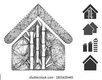 Vector network bamboo house. Geometric wire frame flat network made from bamboo house icon, designed from crossed lines. Some bonus icons are added.