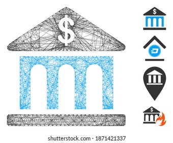 Vector network bank building. Geometric hatched frame flat net generated with bank building icon, designed with crossed lines. Some bonus icons are added.