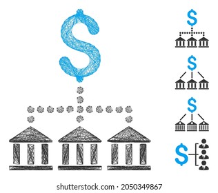 Vector network bank scheme. Geometric hatched carcass flat network generated with bank scheme icon, designed from intersected lines. Some additional icons are added.