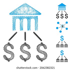 Vektornetzwerkbankstruktur. Geometrisches lineares 2D-Netz aus Bankstruktur Symbol, entworfen aus gekreuzten Linien. Es werden einige Bonussymbole hinzugefügt.
